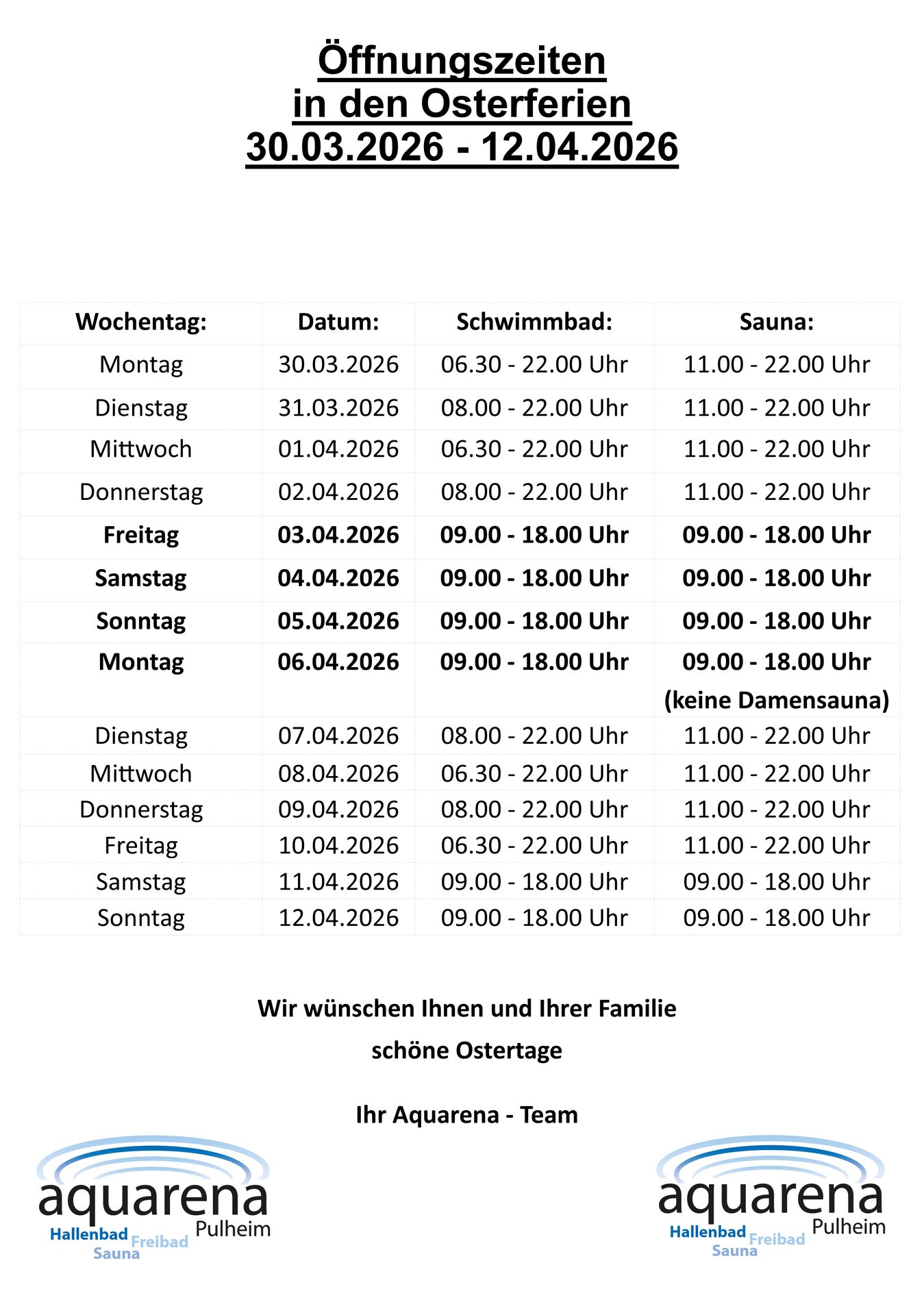 Öffnungszeiten Osterferien